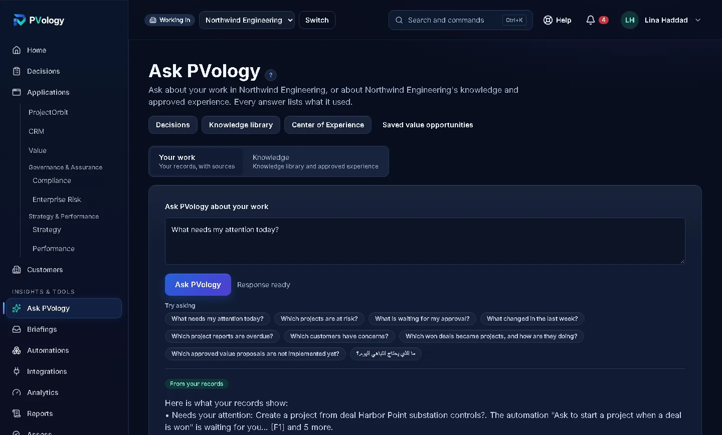 Ask PVology in Power Mode with the Your work tab open: the question What needs my attention today, suggested questions, and an answer built from the organization's own records