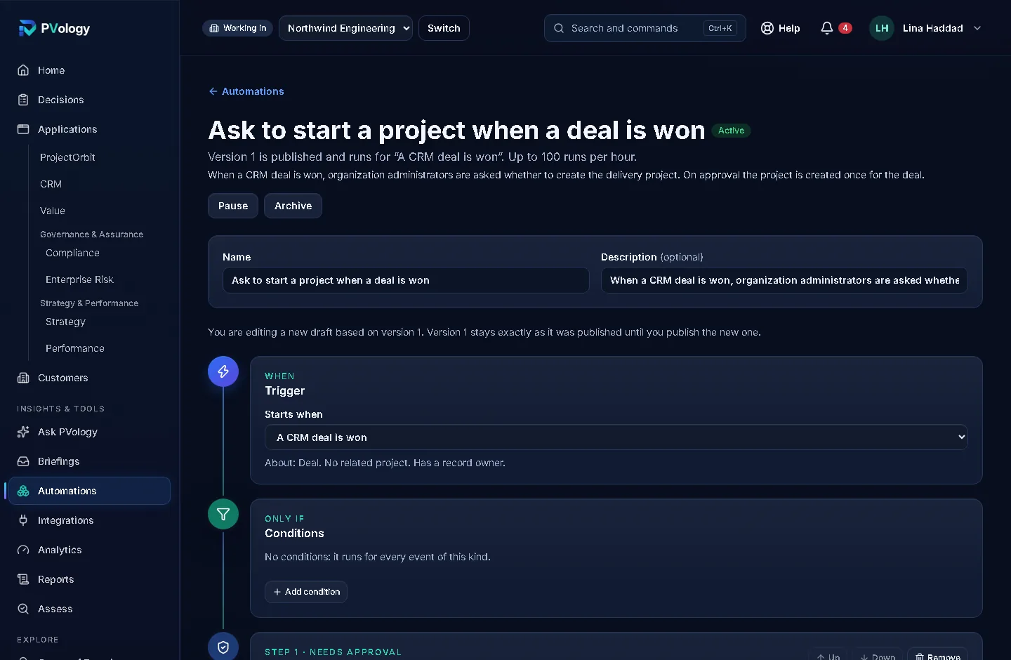 Automation Studio in Power Mode: the automation Ask to start a project when a deal is won, shown as guided steps from the trigger A CRM deal is won, through conditions, to a step that needs approval