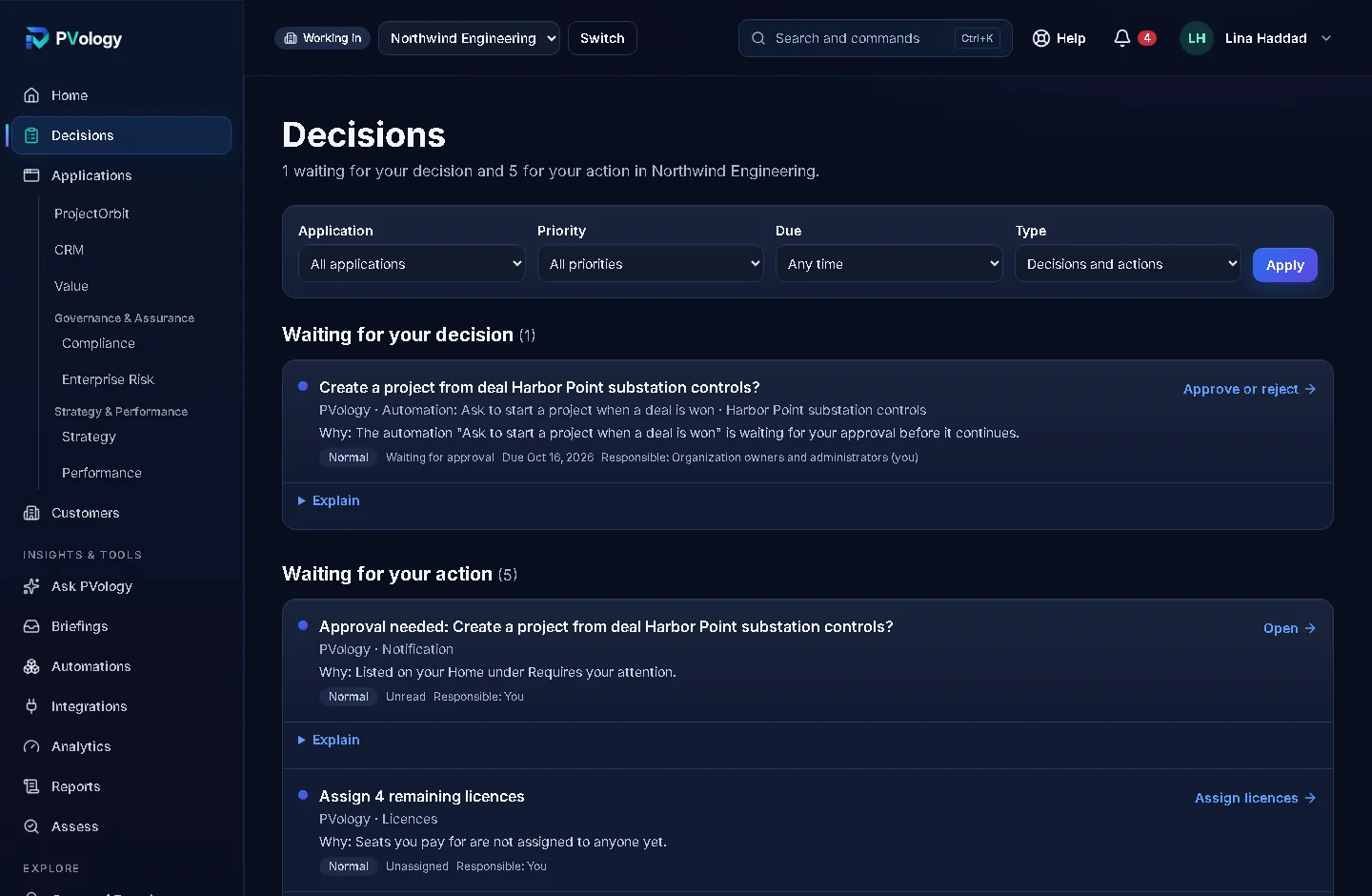 The Decision & Action Center in Power Mode: everything waiting for a decision or action across the applications, each with its reason, priority, due date and a direct link
