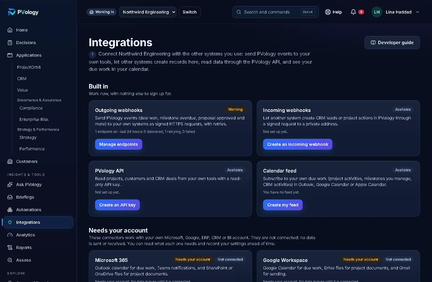 The Integrations page in Power Mode: outgoing webhooks active with one endpoint, incoming webhooks, the PVology API and the calendar feed available, and Microsoft 365 and Google Workspace marked Needs your account and Not connected