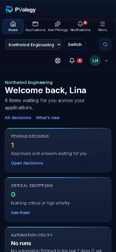 The PVology Power home on a phone: the quick bar with Home, Applications, Ask PVology, Notifications and Menu, and the key figures stacked one per row