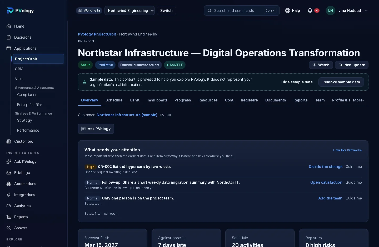 A PVology ProjectOrbit project in Power Mode, using the labelled Northstar Infrastructure sample workspace: status badges, what needs your attention with reasons and direct links, and the project tabs