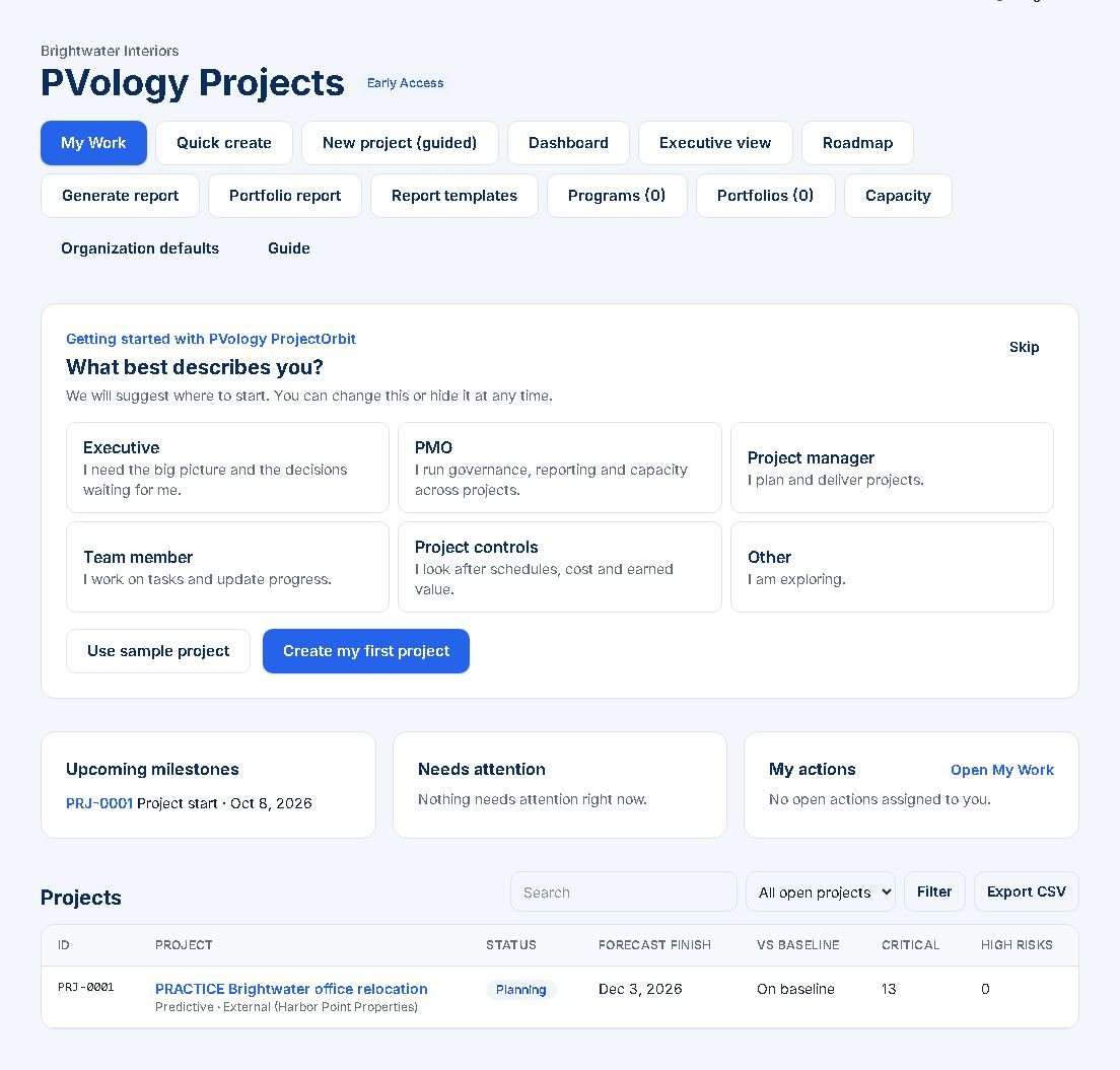 The ProjectOrbit Projects home with the header buttons, the Upcoming milestones, Needs attention and My actions cards, and the project list.