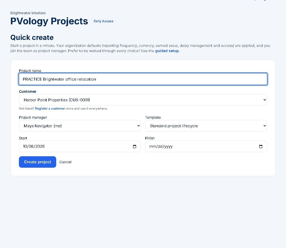 The Quick create form with Project name, Customer, Project manager, Template, Start and Finish fields and the Create project button.